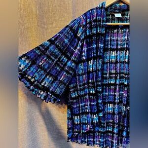 Vintage Virginie Paris Drape Open-Front Cardigan Pleated silky top, blue/purple